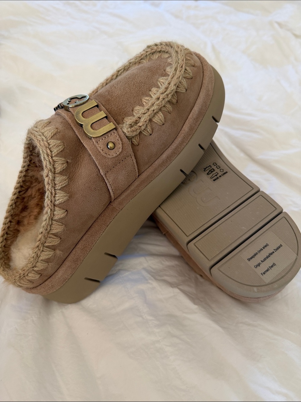 Mou womens Suede Shearling Slip-On platform with Gold Logo NWOT - Picture 5 of 8